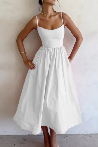 Solid Color U Neck Cinch Waist Spaghetti Strap Midi Dresses-Pink-Hayhty.All Rights Reserved.