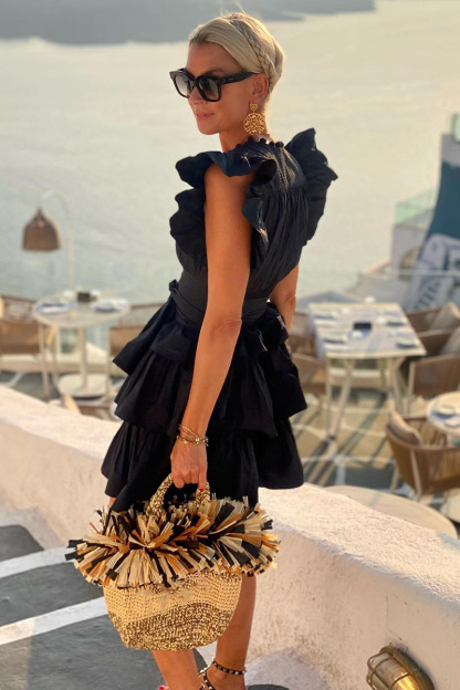 V Neck Cinch Waist Layered Ruffle Sleeveless Mini Dresses-Hayhty.All Rights Reserved.