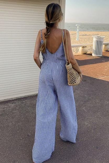 V Neck Striped Print V-Shaped Backless Wide Leg Cami Jumpsuit-Blue-Hayhty.All Rights Reserved.