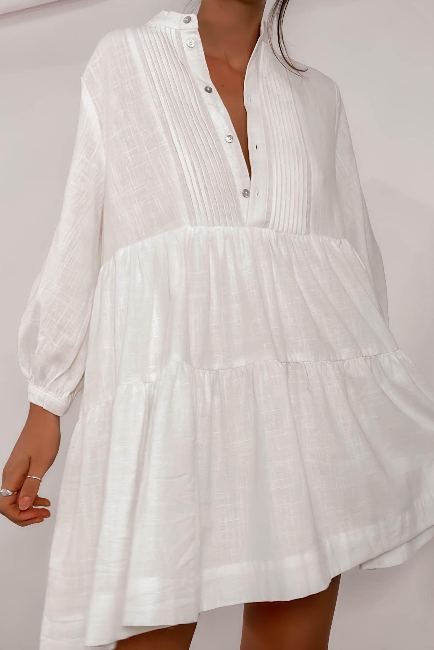 Long Sleeve Button White Mini Dresses-Hayhty.All Rights Reserved.