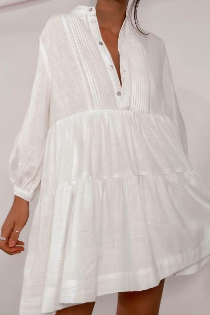 Long Sleeve Button White Mini Dresses-Hayhty.All Rights Reserved.