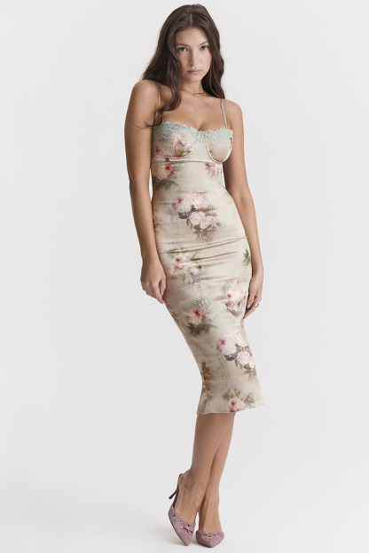 Floral Print Lace Trim Bustier Cocktail Party Cami Midi Dresses-Hayhty.All Rights Reserved.