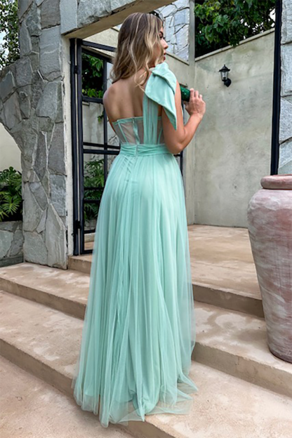 Corset Design One Shoulder Tulle Gowns Maxi Dresses-Green-Hayhty.All Rights Reserved.