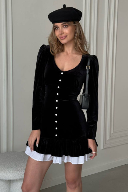 Long Sleeve U Neck Button Up Layered Trim A-Line Velvet Mini Dresses-Black-Hayhty.All Rights Reserved.