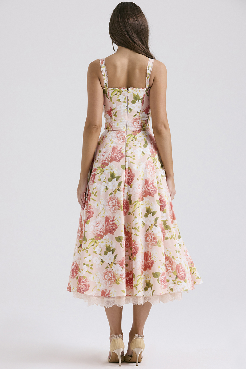Floral Print Front Tie Up Corset A-Line Garden Party Slip Midi Dresses-Pink-Hayhty.All Rights Reserved.
