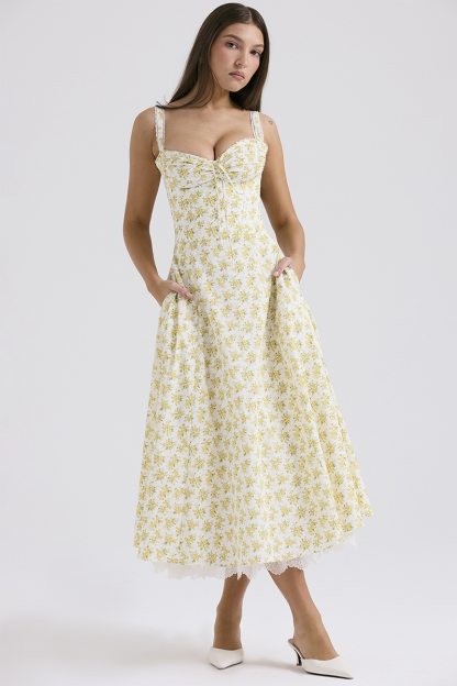 Ditsy Floral Print Cinch Waist Wide Strap Lace Trim Double-Layered Midi Dresses-Yellow-Hayhty.All Rights Reserved.