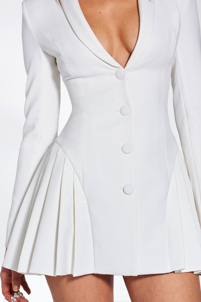 Deep V Neck Long Sleeve Button Up Cinch Waist Pleated Blazer Mini Dresses-White-Hayhty.All Rights Reserved.