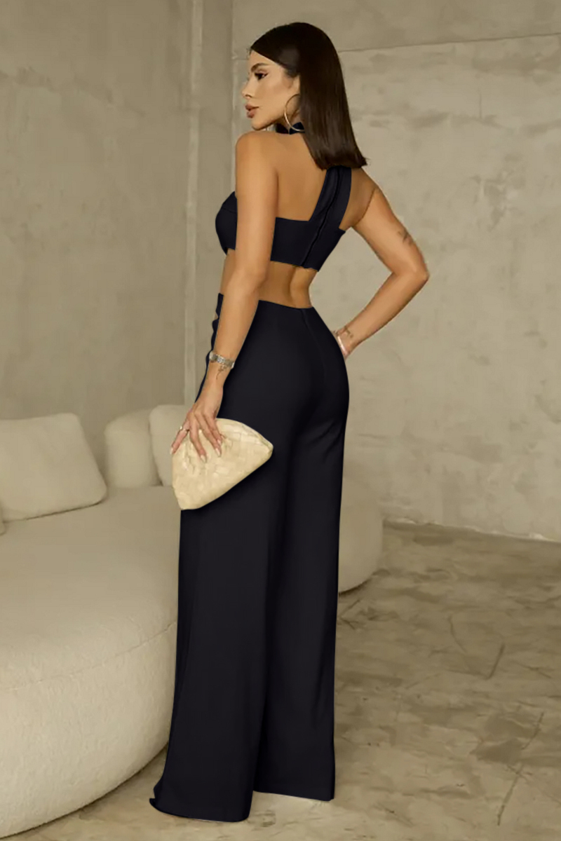 Sleeveless Halter Neck Cutout Wide Leg Irregular Jumpsuit-Ivory-Hayhty.All Rights Reserved.