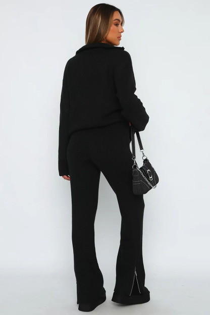 Turndown Collar Long Sleeve Sweater Plain Pants Matching Set-Beige-Hayhty.All Rights Reserved.