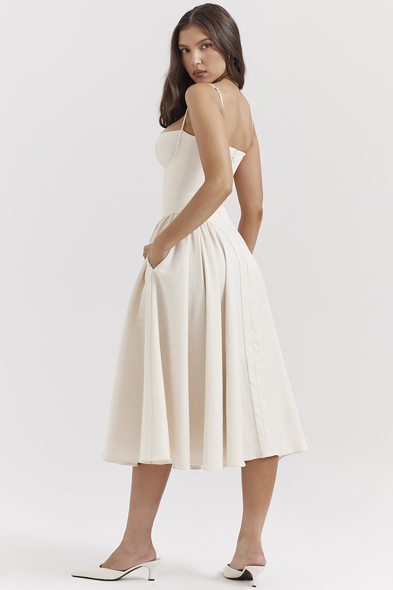 Elegant Cinch Waist Pleated Formal Party Slip Midi Dresses-Beige-Hayhty.All Rights Reserved.