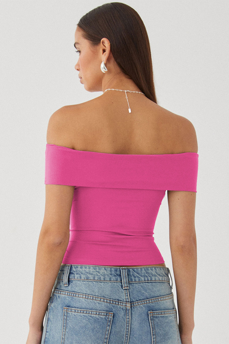 Boat Neck Dropped Shoulder Solid Color Slim Fit Crop Top-White-Hayhty.All Rights Reserved.