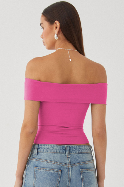 Boat Neck Dropped Shoulder Solid Color Slim Fit Crop Top-White-Hayhty.All Rights Reserved.