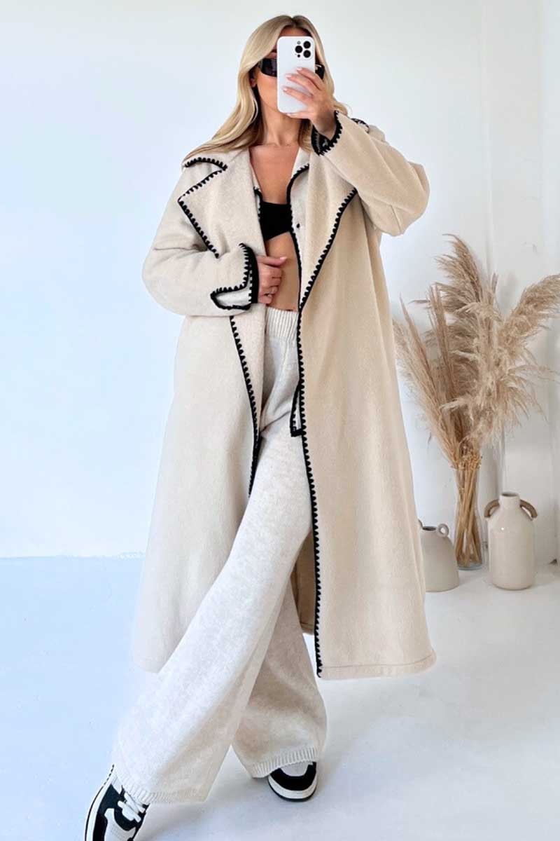 Wavy Edge Lapel Collar Long Sleeve Loose Fit Woolen Coat-Black-Hayhty.All Rights Reserved.