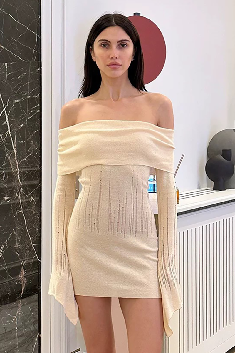 Knit Off Shoulder Flare Sleeve Frayed Slim Fit Mini Dresses-Beige-Hayhty.All Rights Reserved.