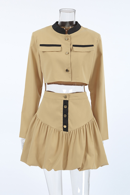 Mock Neck Crop Jacket Cinch Waist Bubbled Hem Mini Skirt Matching Set-Khaki-Hayhty.All Rights Reserved.
