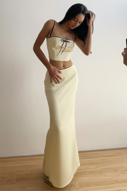 Bow Decor Crop Cami Slim Fit Fishtail Hem Maxi Skirt Matching Set-Beige-Hayhty.All Rights Reserved.