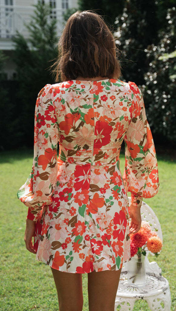 Floral Blossom Bubble Sleeves Cutout Mini Dress-Hayhty.All Rights Reserved.