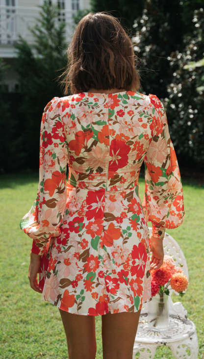 Floral Blossom Bubble Sleeves Cutout Mini Dress-Hayhty.All Rights Reserved.