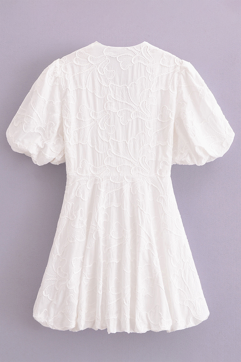 Deep V Neck Puff Sleeve Embroidery A-Line Bubbled Hem Mini Dresses-White-Hayhty.All Rights Reserved.
