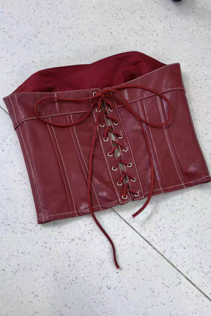 PU Leather Back Lace Up Strapless Crop Corset-Burgundy-Hayhty.All Rights Reserved.