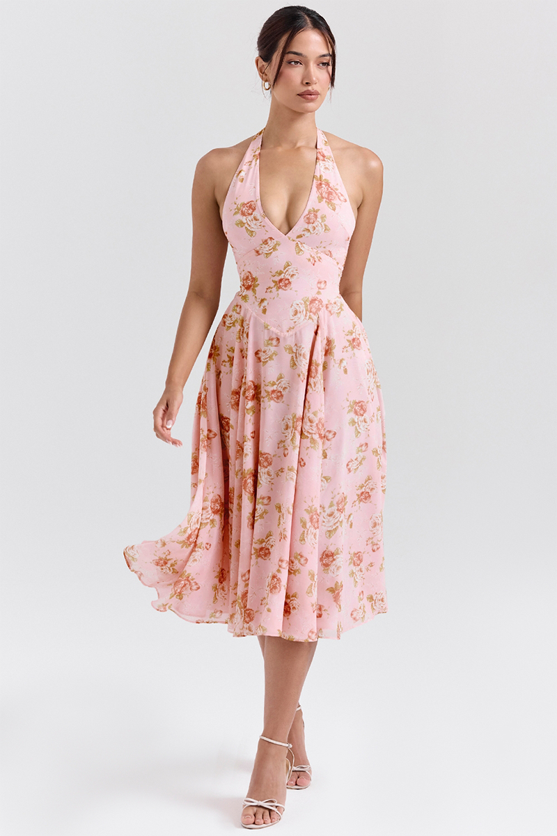 Deep V Neck Floral Print Cinch Waist Halter Midi Dresses-Pink-Hayhty.All Rights Reserved.