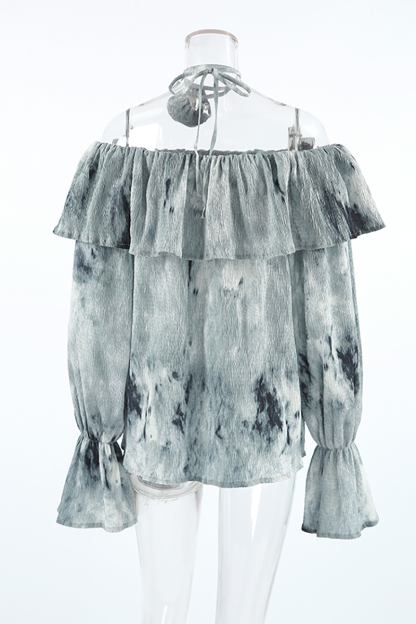 Ink Painting Print Off Shoulder Ruffled Overlay Flare Sleeve Top-Green-Hayhty.All Rights Reserved.