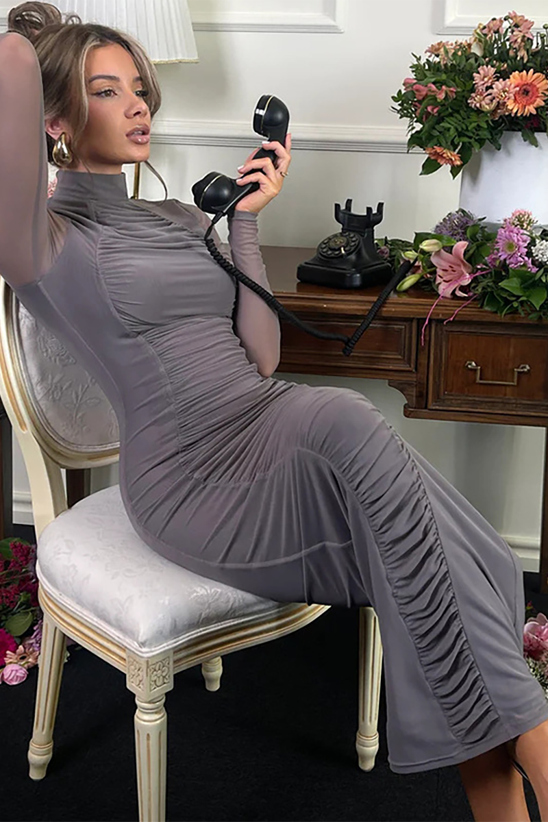 Ruched Stand Collar Long Sleeve Slim Fit Maxi Dresses-Grey-Hayhty.All Rights Reserved.