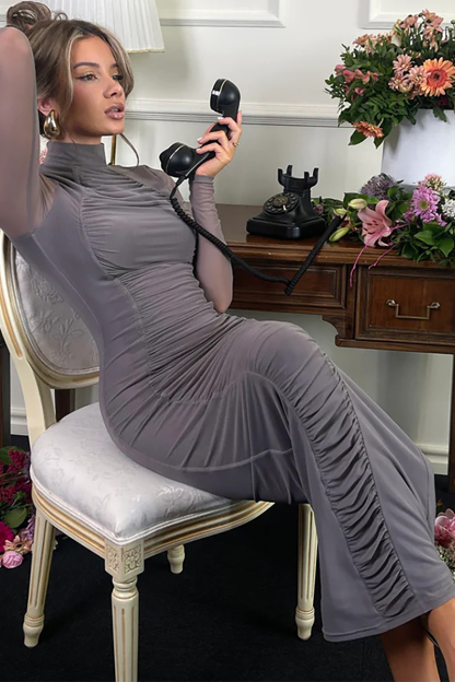 Ruched Stand Collar Long Sleeve Slim Fit Maxi Dresses-Grey-Hayhty.All Rights Reserved.