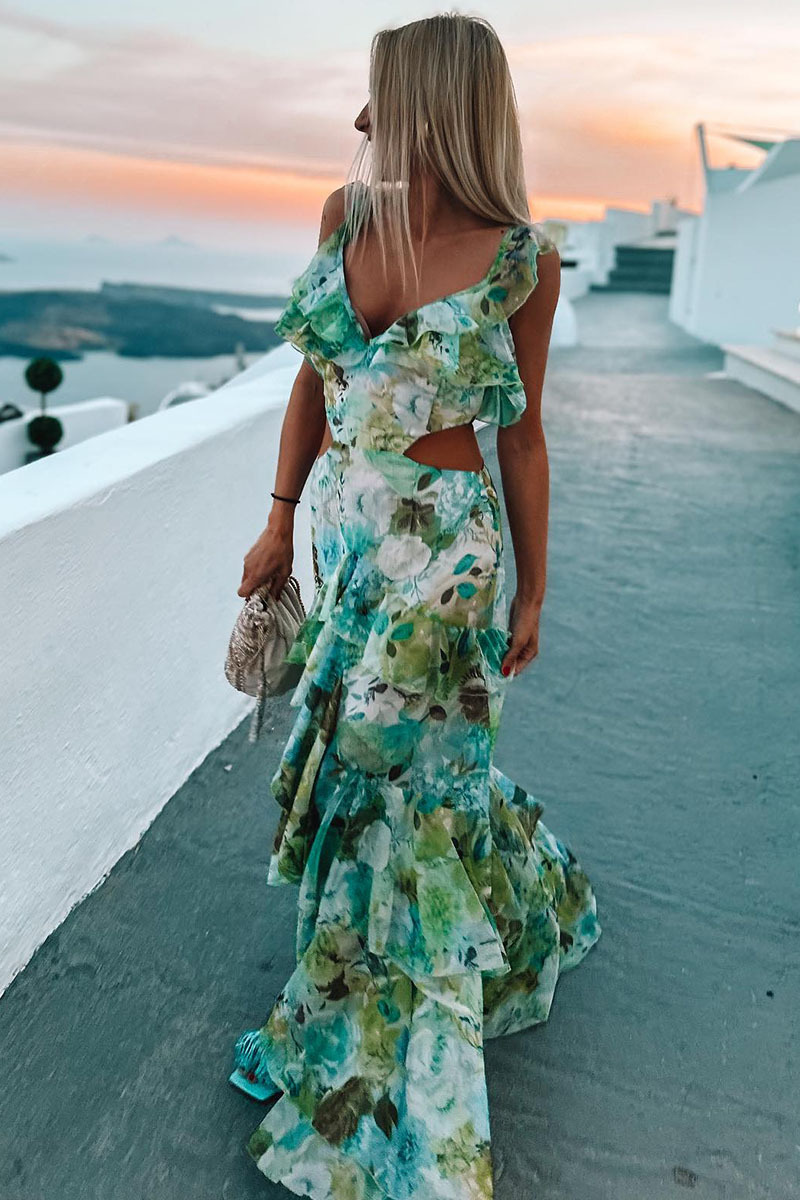 Floral Print V Neck Ruffle Cutout Layered Vacation Maxi Dresses-Hayhty.All Rights Reserved.