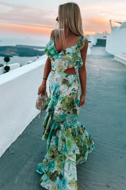 Floral Print V Neck Ruffle Cutout Layered Vacation Maxi Dresses-Hayhty.All Rights Reserved.