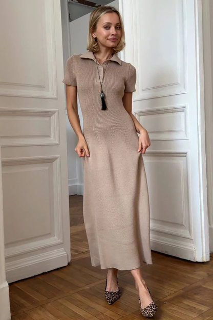 Knit Turndown Collar Short Sleeve Solid Color Maxi Dresses-White-Hayhty.All Rights Reserved.