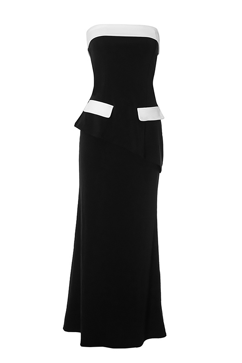 Colorblock Cinch Waist Tube Top Slim Fit Maxi Skirt Matching Set-Black-Hayhty.All Rights Reserved.