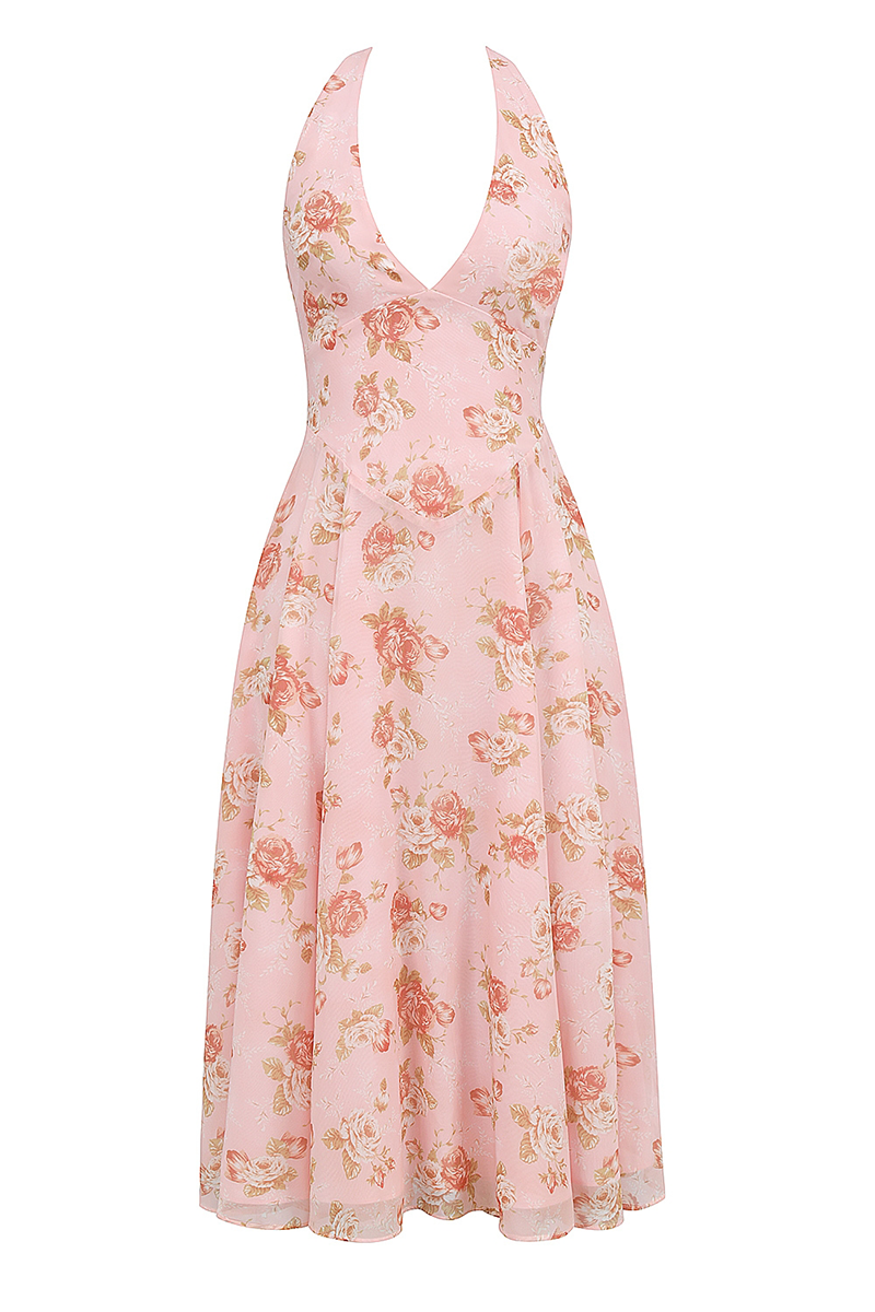 Deep V Neck Floral Print Cinch Waist Halter Midi Dresses-Pink-Hayhty.All Rights Reserved.