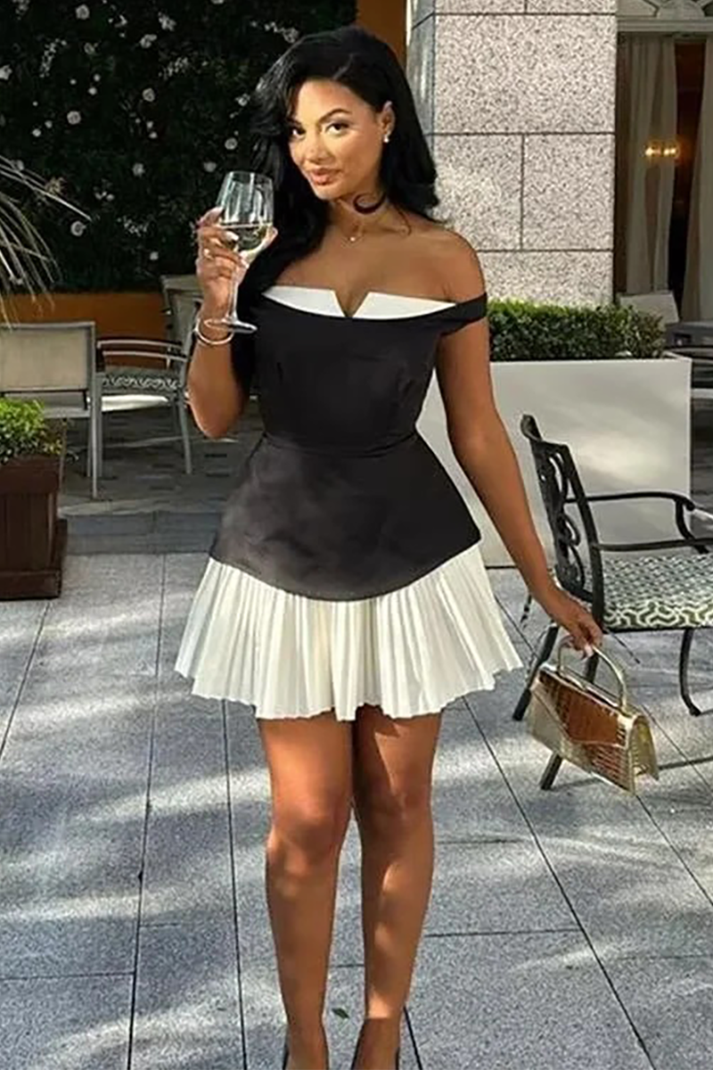 Draped Shoulder Pleated Hem Colorblock A-Line Mini Dresses-Black-Hayhty.All Rights Reserved.