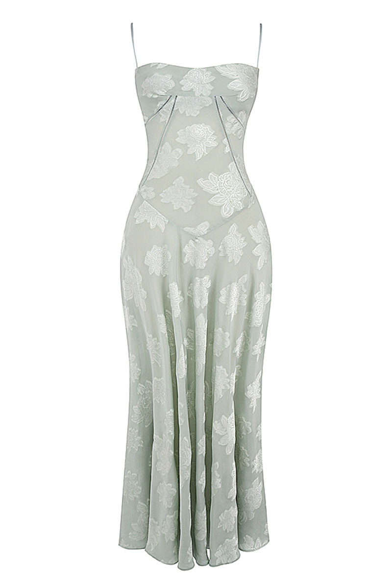 Elegant Floral Print Quilted Lace Up Back Formal Party Flowy Maxi Dresses-Green-Hayhty.All Rights Reserved.