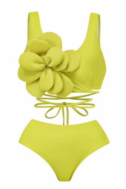 Tied Up 3D Flower Decor Bikini Top Maxi Skirt Bikini Three-Piece Set-Green-Hayhty.All Rights Reserved.
