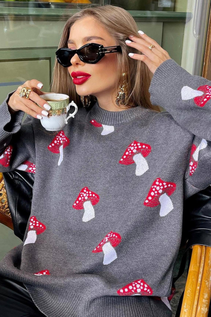 Mushroom Jacquard Pattern Round Neck Long Sleeve Loose Fit Sweater-Black-Hayhty.All Rights Reserved.