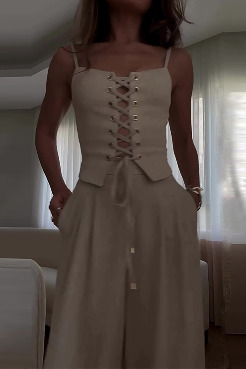 Front Lace Up Cami Solid Color Pants Matching Set-White-Hayhty.All Rights Reserved.