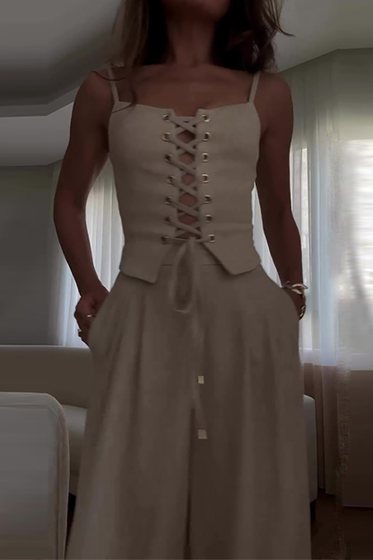 Front Lace Up Cami Solid Color Pants Matching Set-White-Hayhty.All Rights Reserved.