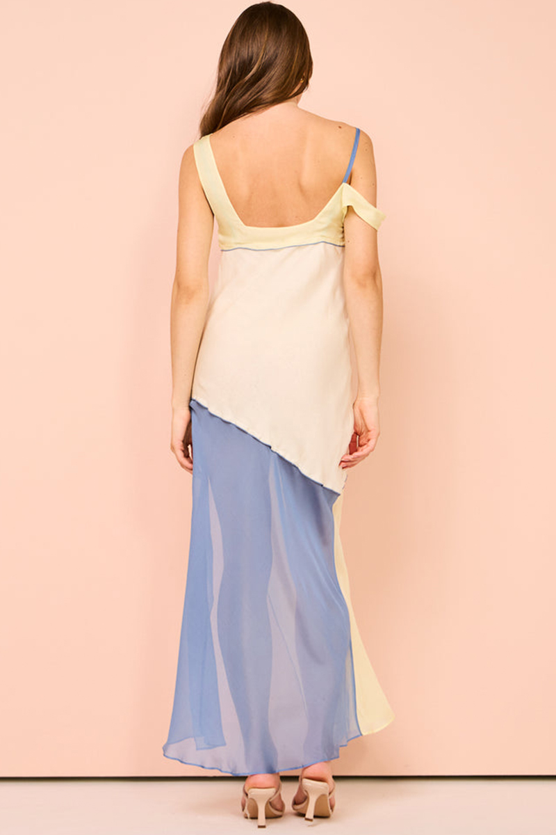 Colorblock Patchwork Slit Hem Sleeveless Maxi Dresses-Yellow-Hayhty.All Rights Reserved.