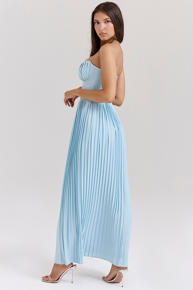 Strapless Cinch Waist Pleated Maxi Dresses-Blue-Hayhty.All Rights Reserved.