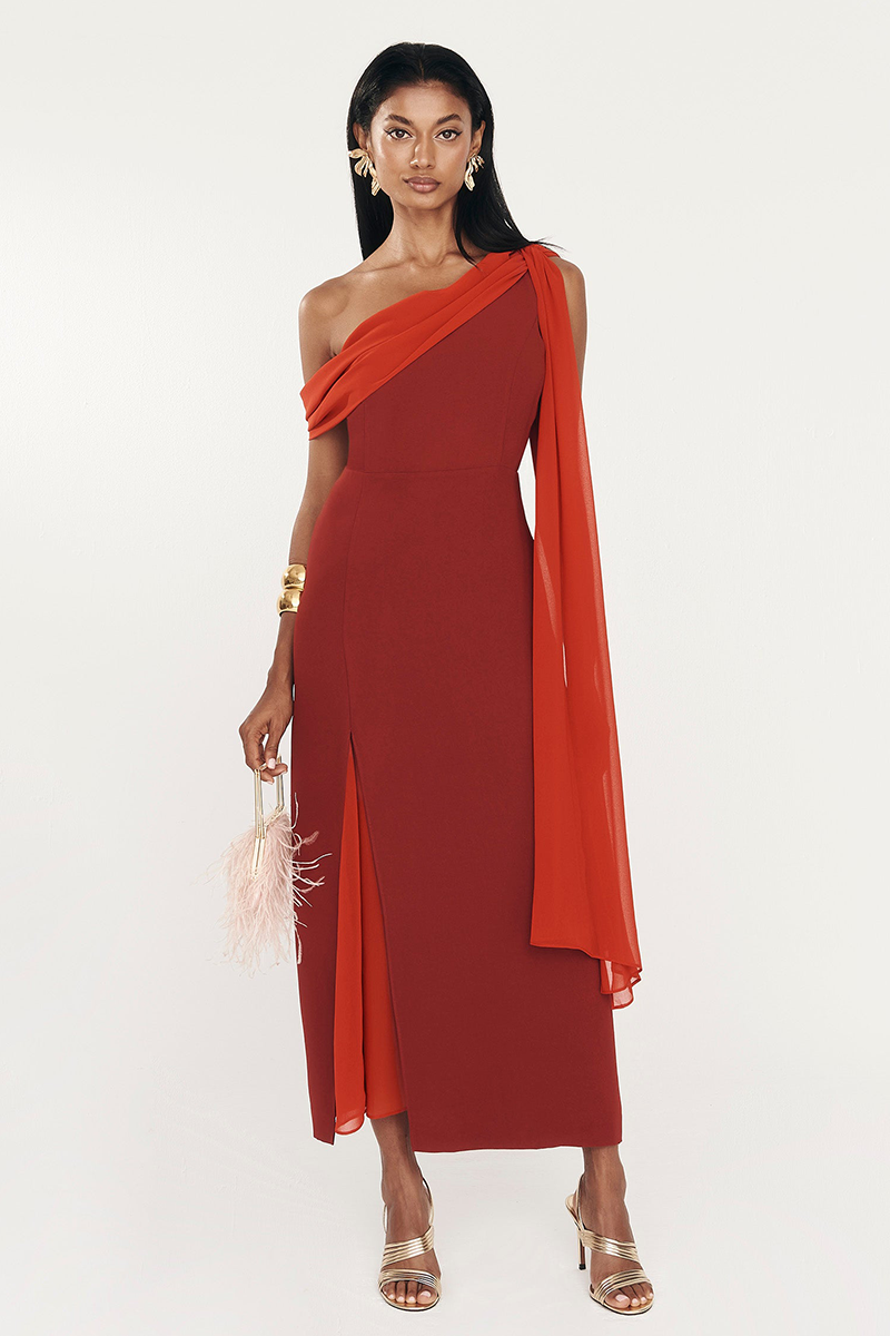 Skew Neck Side Streamer Slim Fit Two-Tone Midi Dresses-Red-Hayhty.All Rights Reserved.