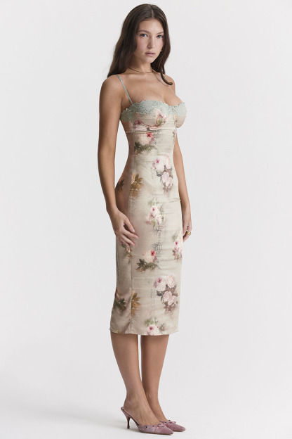 Floral Print Lace Trim Bustier Cocktail Party Cami Midi Dresses-Hayhty.All Rights Reserved.
