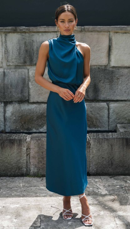 Turtleneck Sleeveless Satin Midi Dresses-Hayhty.All Rights Reserved.