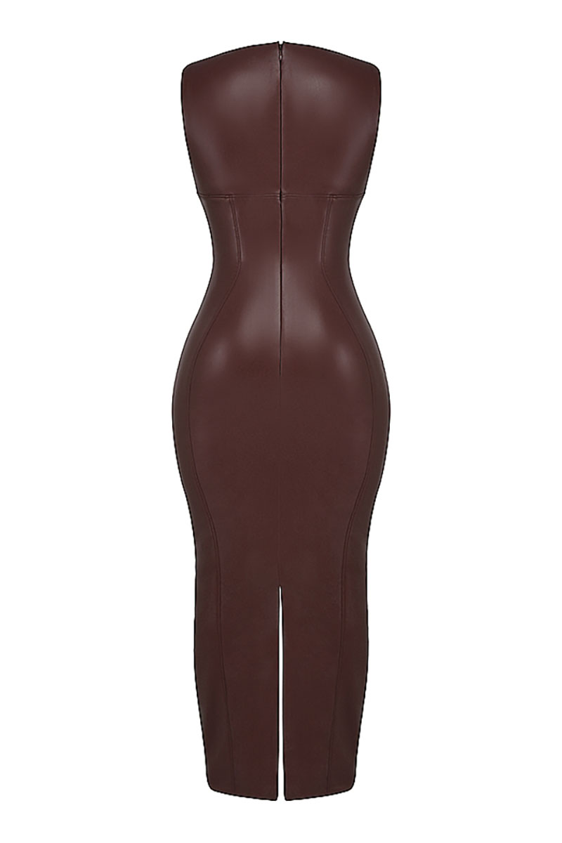 Faux Leather Bodycon Maxi Tank Dresses-Brown-Hayhty.All Rights Reserved.