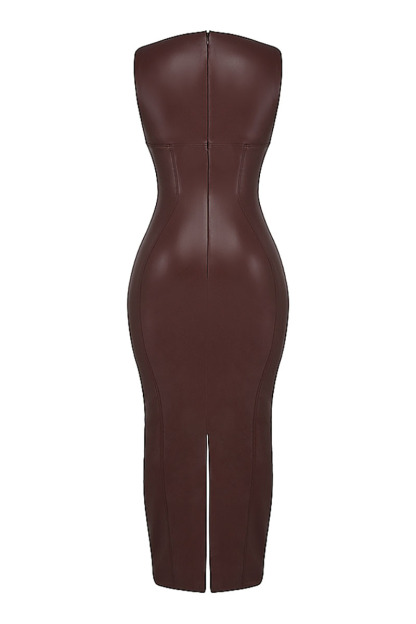 Faux Leather Bodycon Maxi Tank Dresses-Brown-Hayhty.All Rights Reserved.