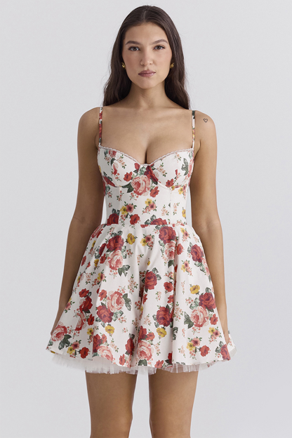 Floral Pattern Cinch Waist Mini Slip Dresses-White-Hayhty.All Rights Reserved.