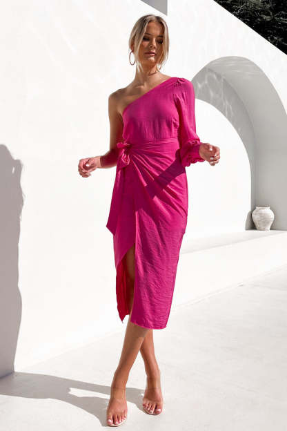 One Shoulder Tie Slit Midi Dresses-Hayhty.All Rights Reserved.