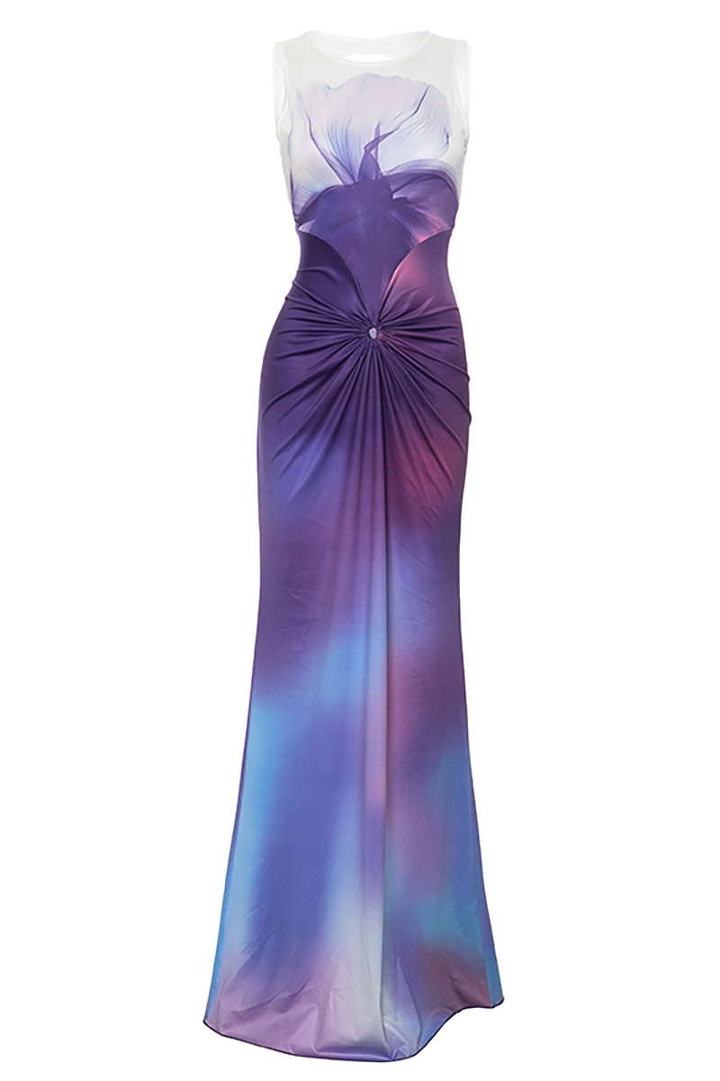 Gradient Color Twisted Ruched Round Neck Open Back Maxi Tank Dresses-Purple-Hayhty.All Rights Reserved.