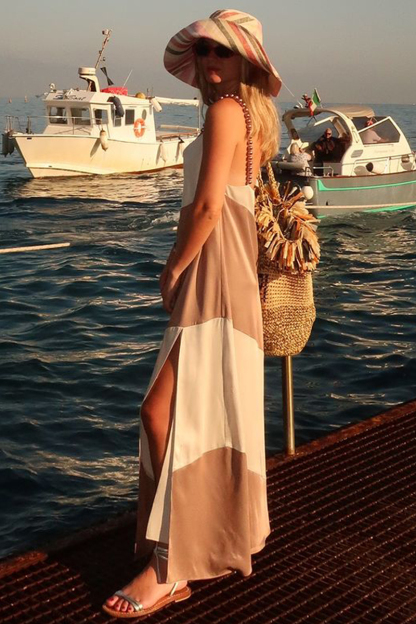 Colorblock Loose Fit Side Slit Pearls Cami Maxi Dresses-Brown-Hayhty.All Rights Reserved.
